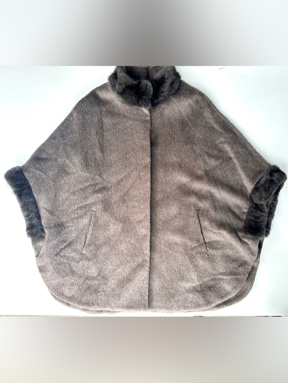 Muskrat Fur Trim Alpaca Izzat Baba Women's Taupe Gray Fury Cape Coat